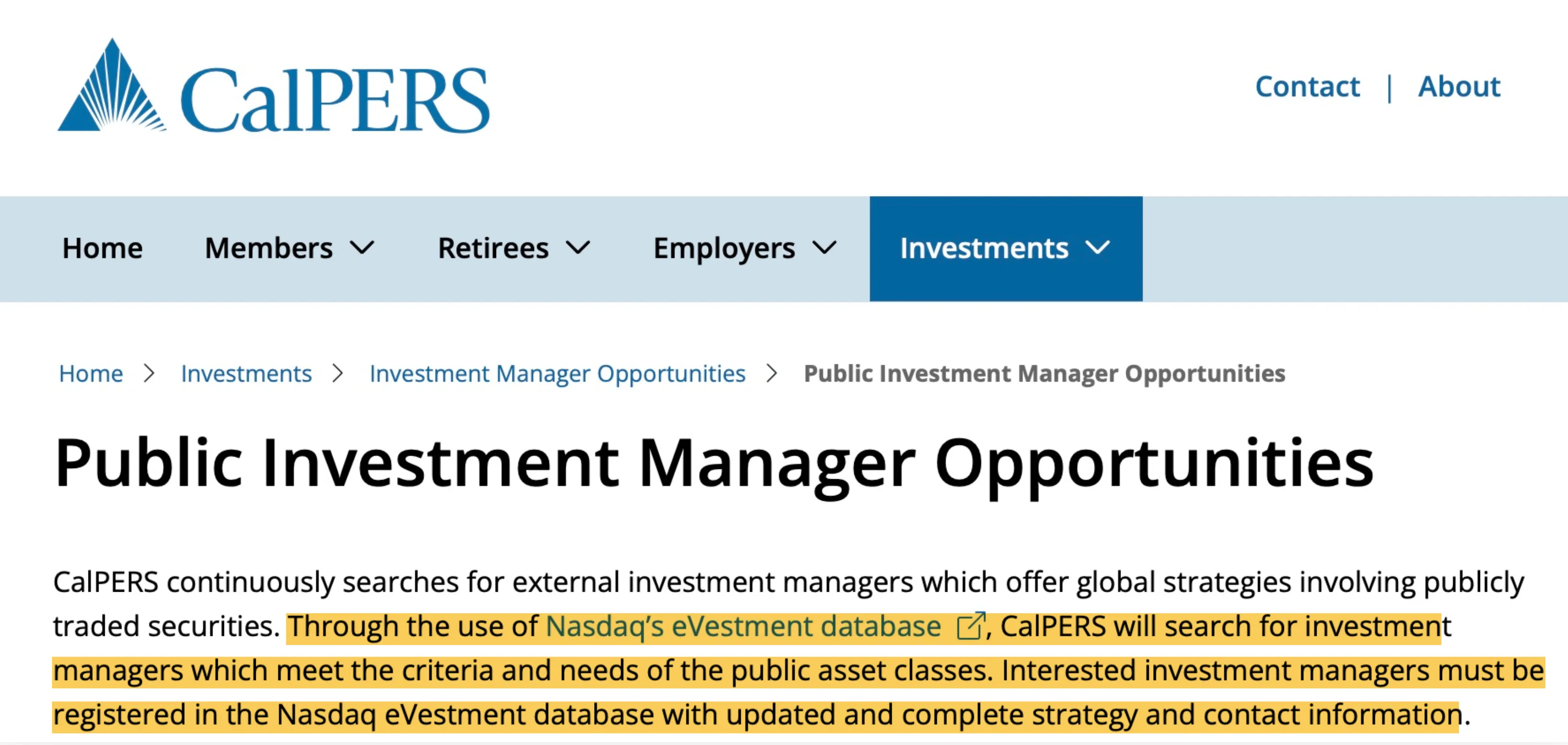 CalPERS eVestment requirement